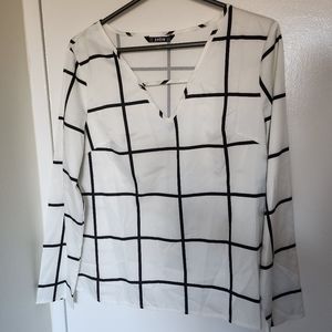 White Grid Pattern Long Sleeve V Neck Blouse from Shein Size M